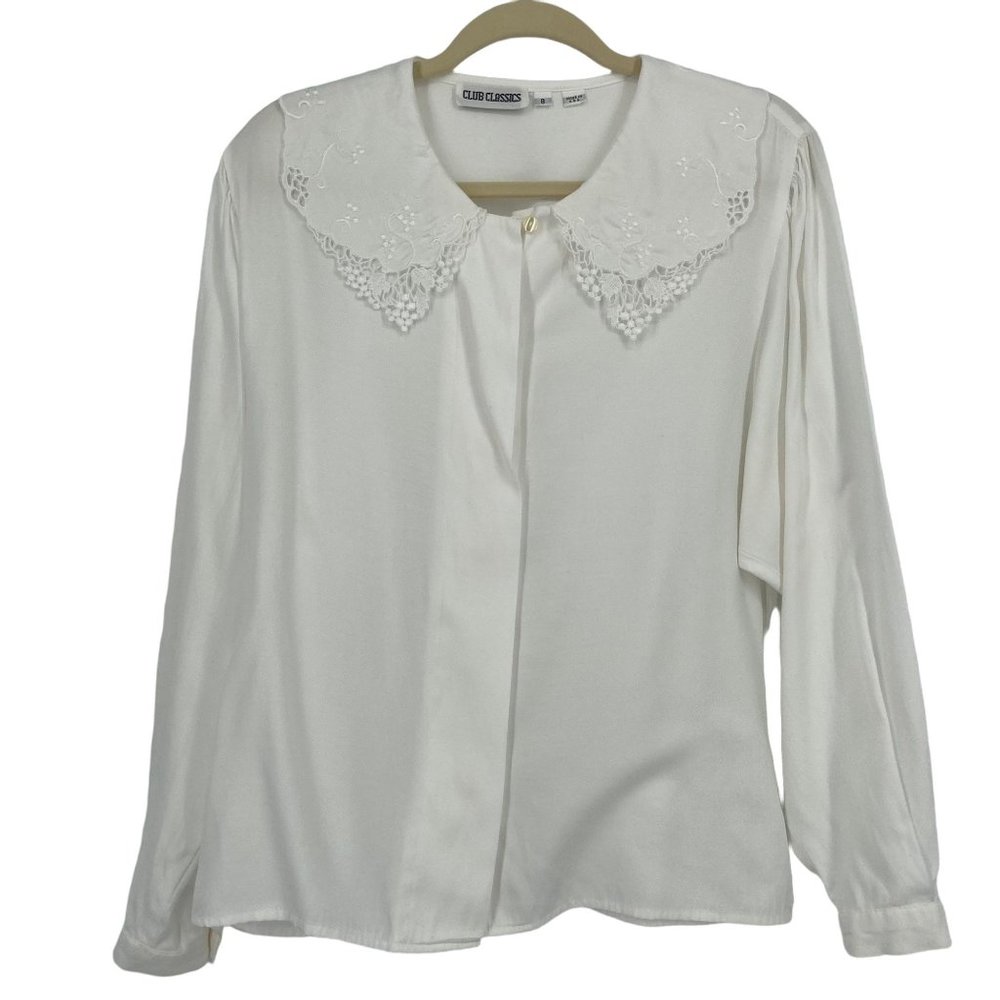 CLUB CLASSICS Vintage Embroidered Crochet Collar Button Down Blouse White Size 8
